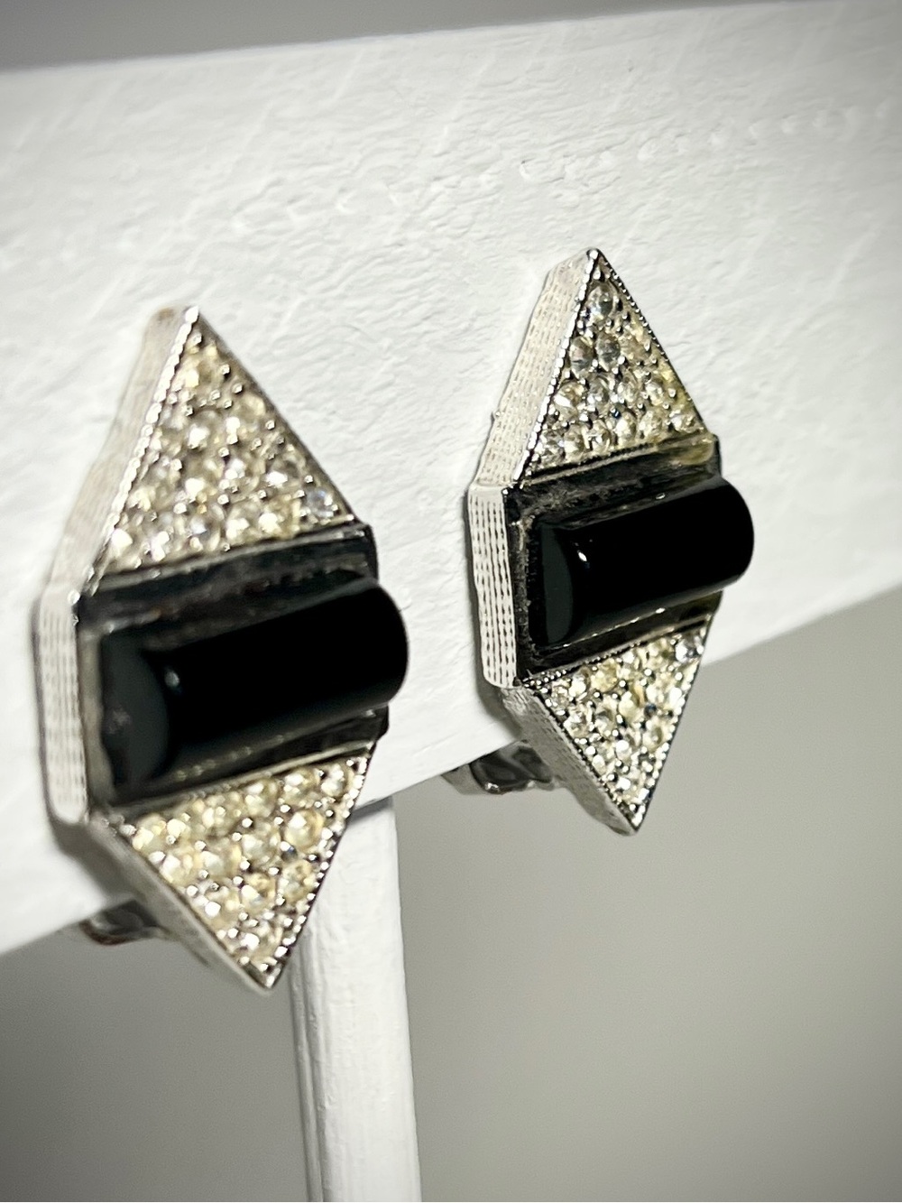 Vintage Geometric Art Deco Faux-Onyx & Rhinestone Earrings | KJL Signed RARE